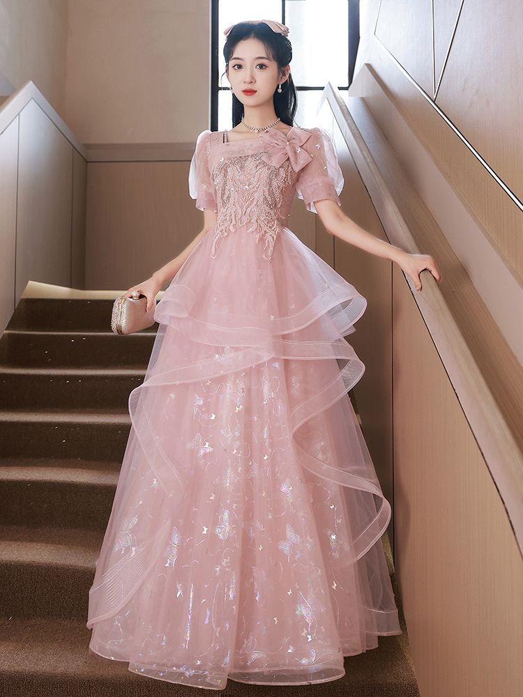 粉色晚礼服女2025新款法式高级感宴会主持人艺考高定高端小众轻奢