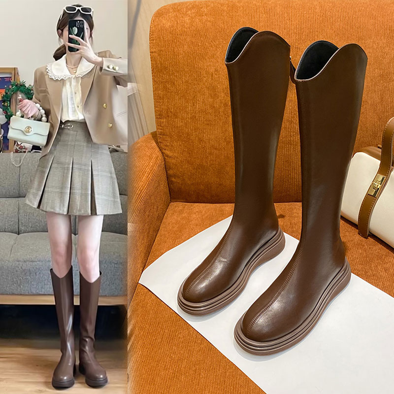 红蜻蜓牌长筒靴女2023年新款秋冬厚底小个子不过膝长靴显瘦棕色高