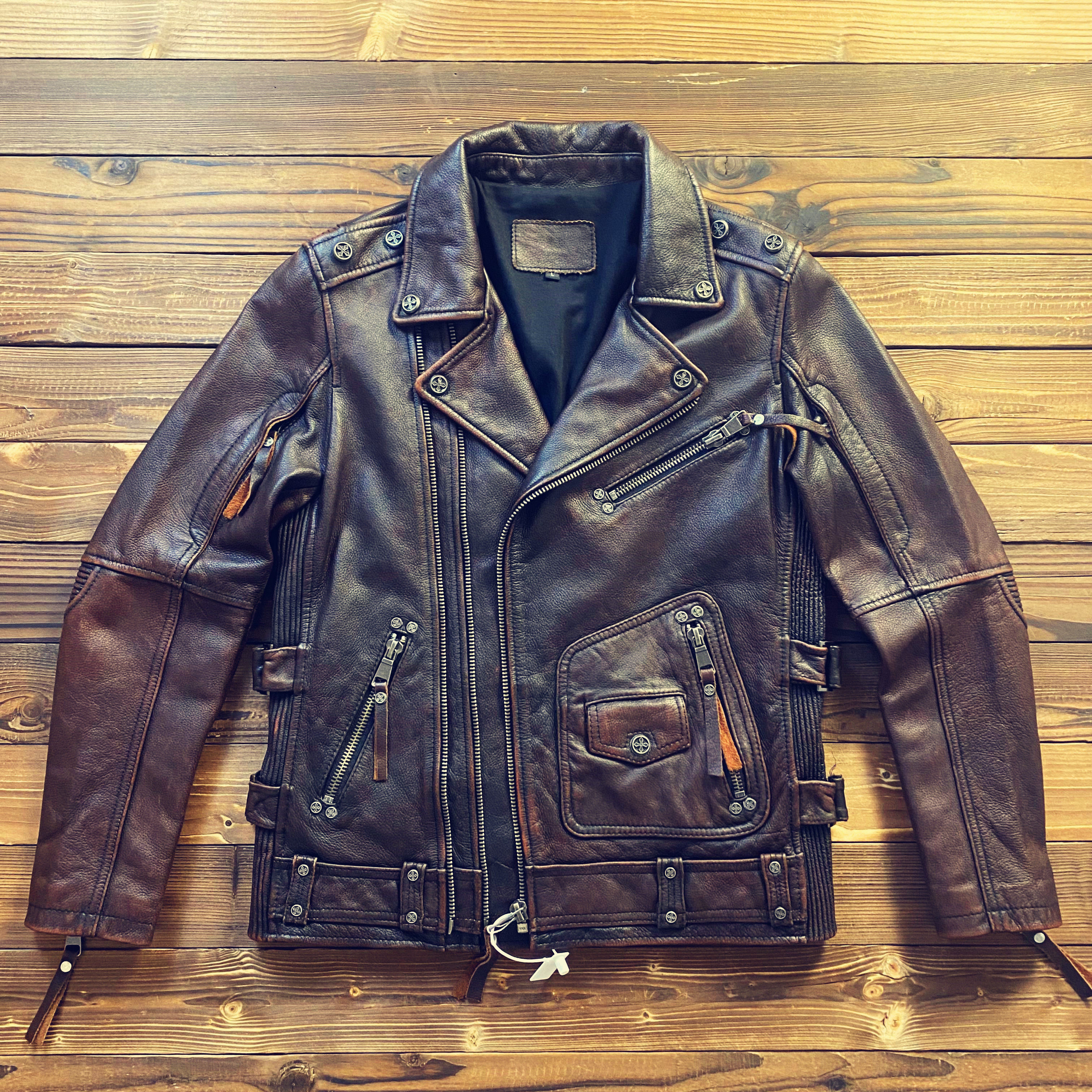 定制机车真皮皮衣复古石磨做旧男士男款摩托车骑行服翻领皮夹克