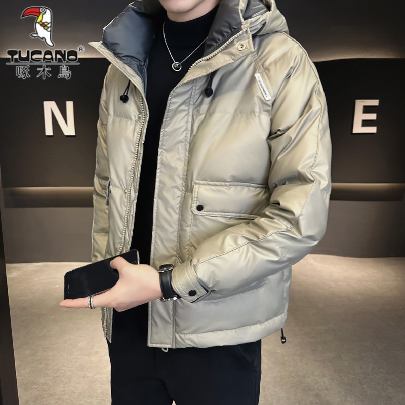 啄木鳥秋冬季新款男装白鸭绒织连帽拼接羽绒服潮流男拼接上衣外套