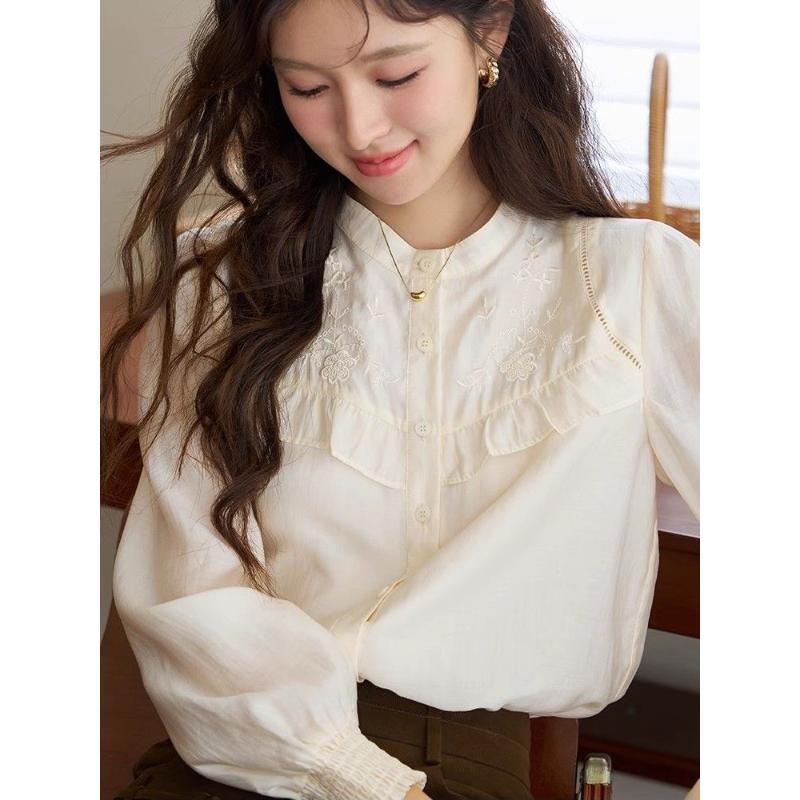 谜秀衬衫女长袖2023秋季新款法式复古重工刺绣气质衬衣上衣女白色