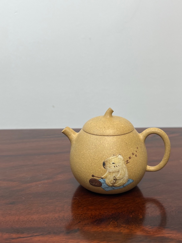 小茄瓜泥绘墨绿泥卡皮吧啦半手工120cc 宜兴紫砂壶