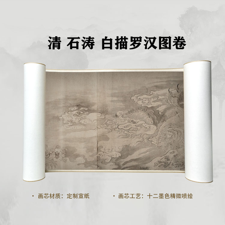 清 石涛 白描罗汉图卷手卷国画微喷客厅背景高清复刻精装裱卷轴