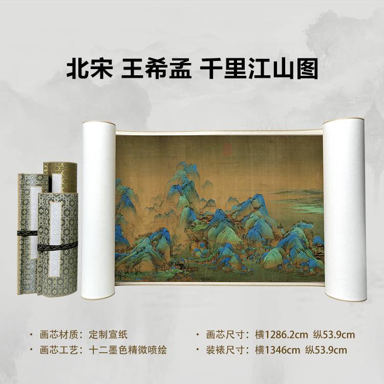 北宋 王希孟 千里江山图手卷国画微喷客厅背景高清复刻精装裱卷轴