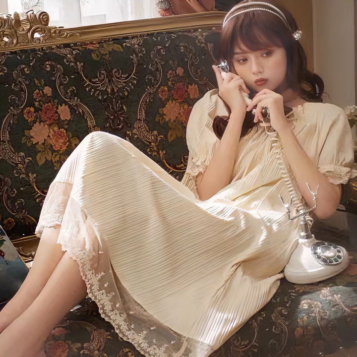 睡裙女夏季短袖大码宫廷纯欲风薄款宽松睡衣中长款甜美裙子连衣裙