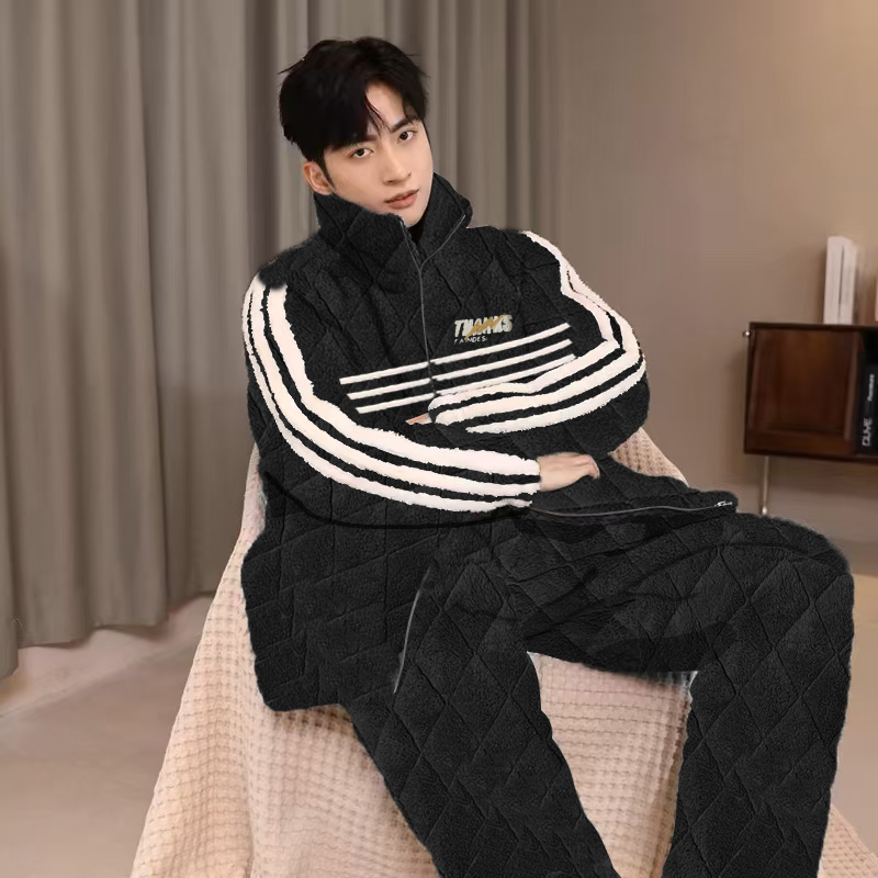 冬季男士睡衣三层夹棉加厚卡通宽松保暖珊瑚绒外穿韩版家居服套装