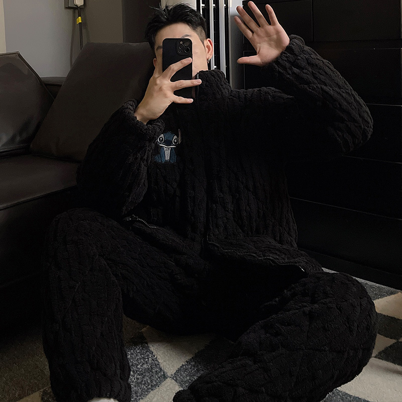 三层夹棉睡衣男冬季加厚加绒保暖休闲大码卡通珊瑚绒男家居服套装