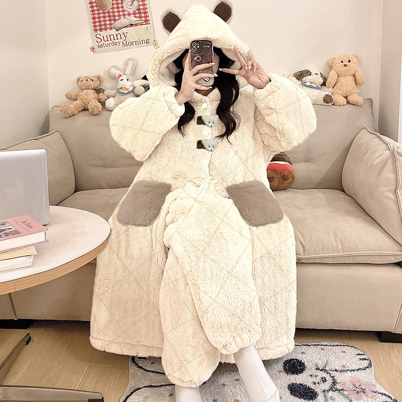 珊瑚绒睡衣女冬季三层夹棉加厚加绒保暖女士冬天家居服套装可外穿