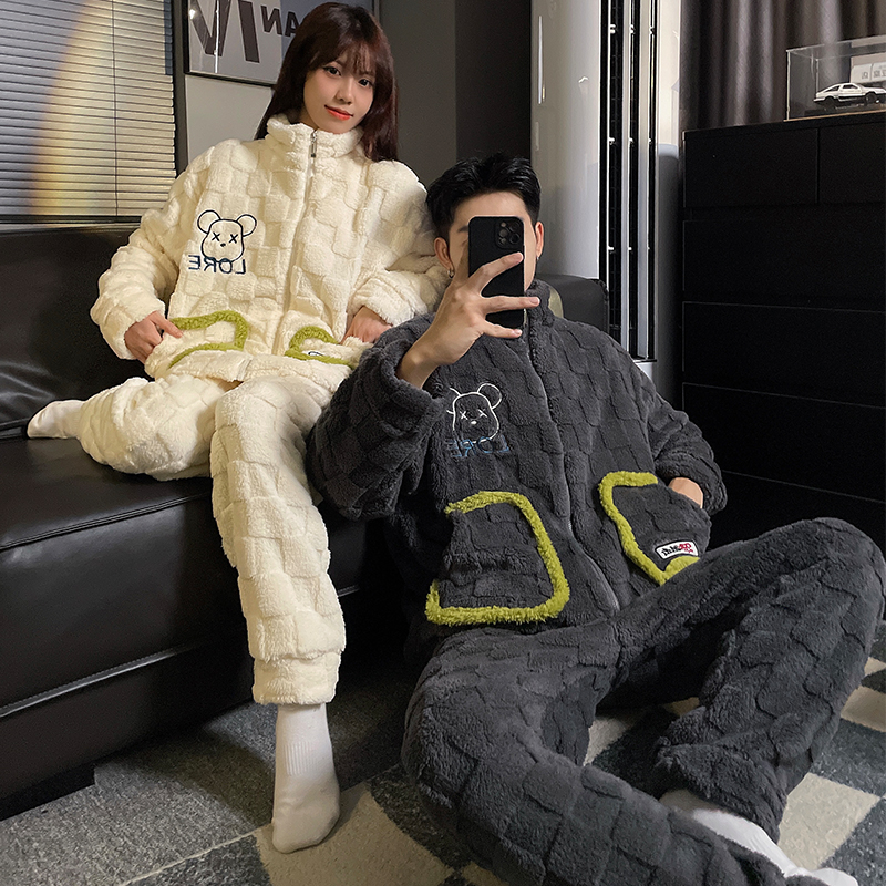 情侣装睡衣女冬季珊瑚绒加厚加绒拉链男士秋冬款法兰绒家居服套装