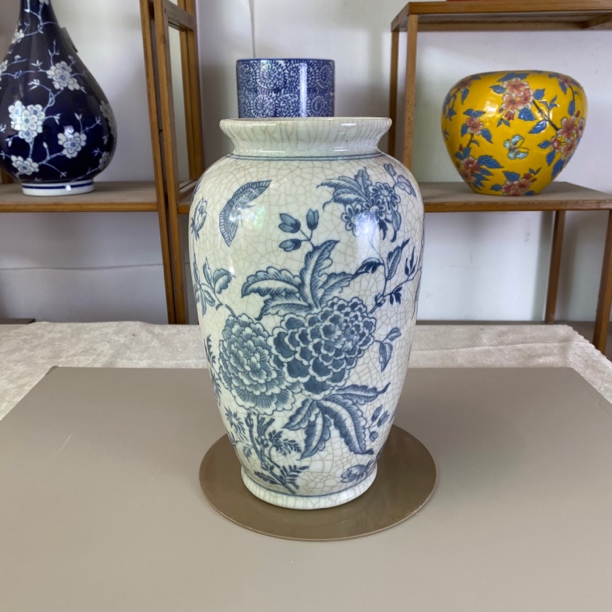 新中式釉下彩手工手绘青花瓷牡丹花瓶居家客厅玄关博古架装饰品