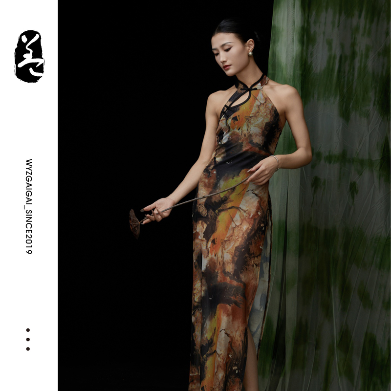  WYZ盖盖复古挂脖中式改良旗袍裙开叉修身长裙中国风国风爵士旗袍