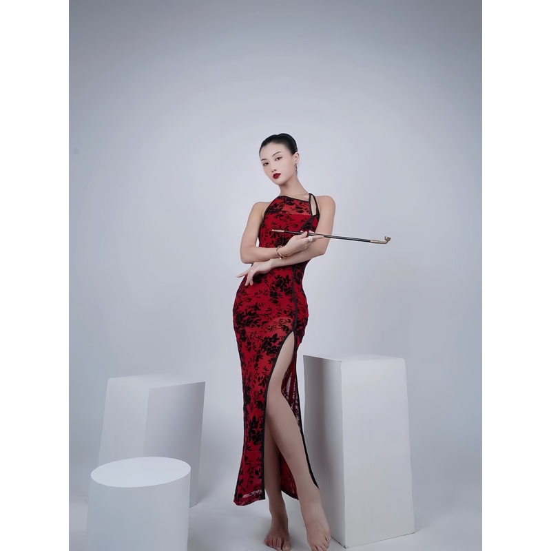WYZ盖盖酒红色复古植绒旗袍改良风舞蹈旗袍连衣裙中国风旗袍修身