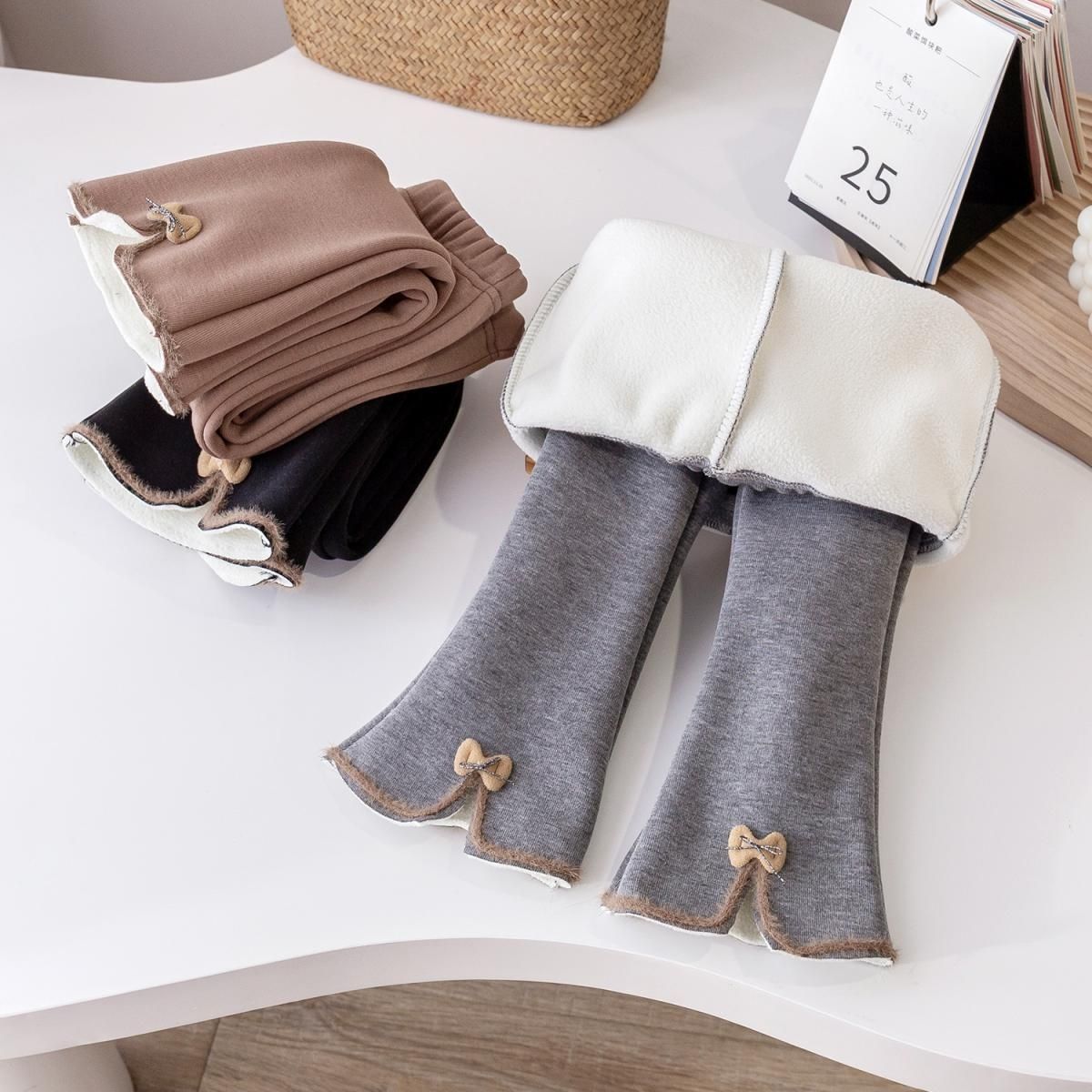 【冬季大促】秋冬季新款一体绒蝴蝶结加绒加厚裤子女宝外穿喇叭裤潮