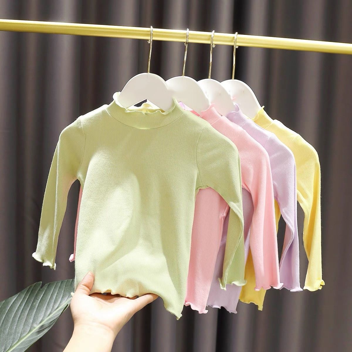 【清仓特价】女童打底衫春秋装2024儿童木耳边洋气花边纯色长袖T恤