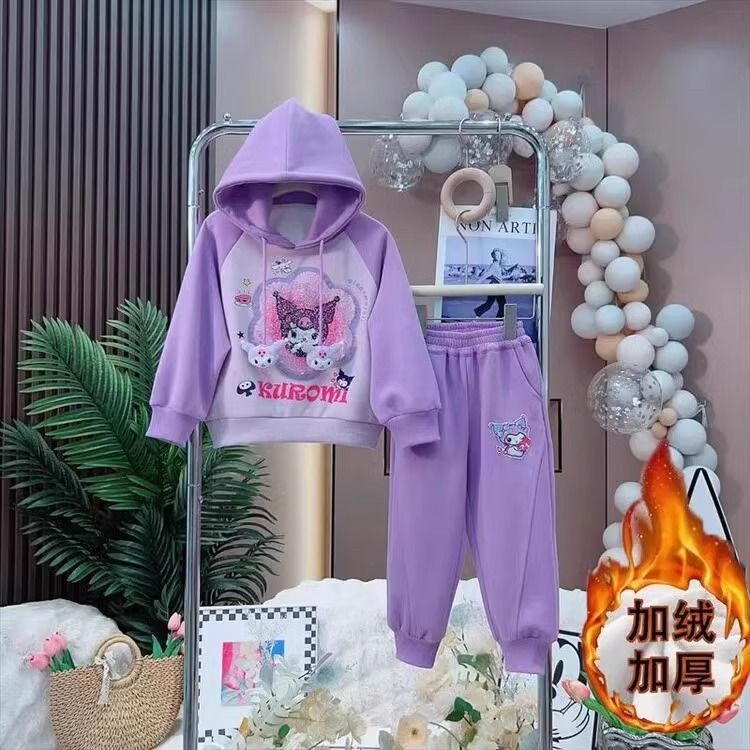 【清仓特价】2024新款女童套装秋冬装儿童卡通加绒库洛米翻转连帽