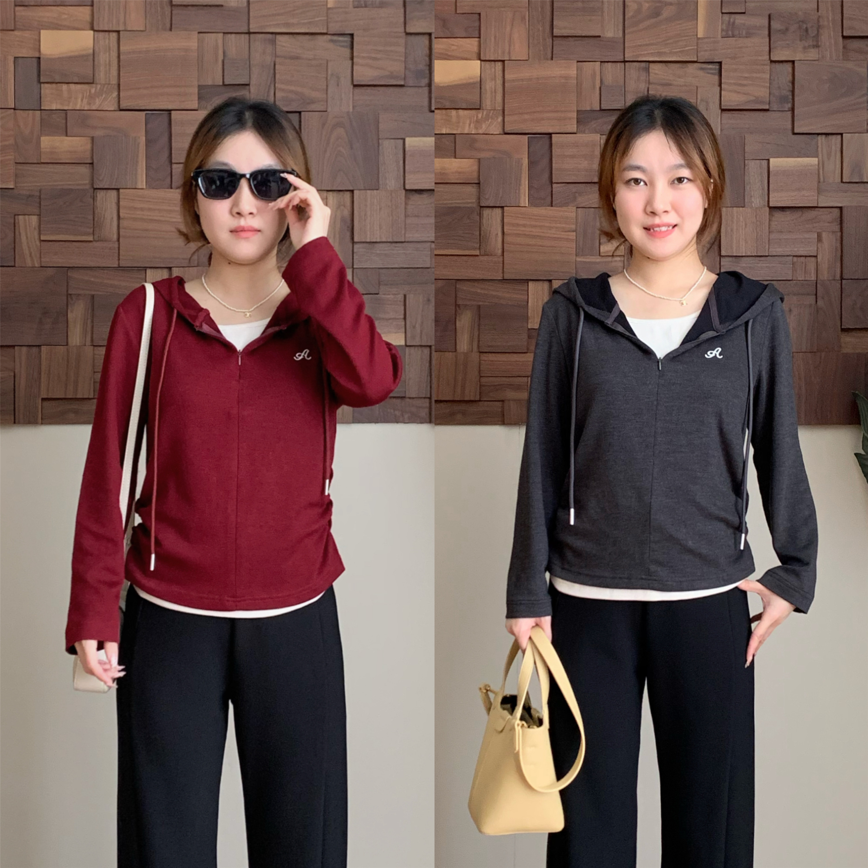 小个子圆圆25814秋季新款侧褶皱假两件短款连帽卫衣薄款休闲外套