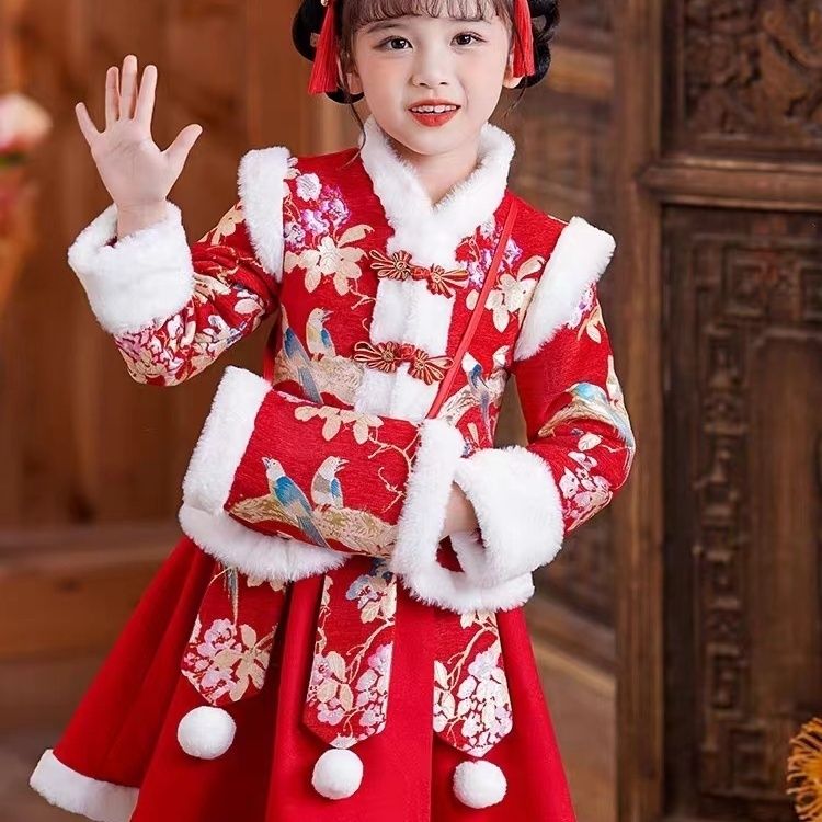 女童唐装汉服儿童装冬季过年衣服拜年服女孩冬款裙子女宝新年冬装