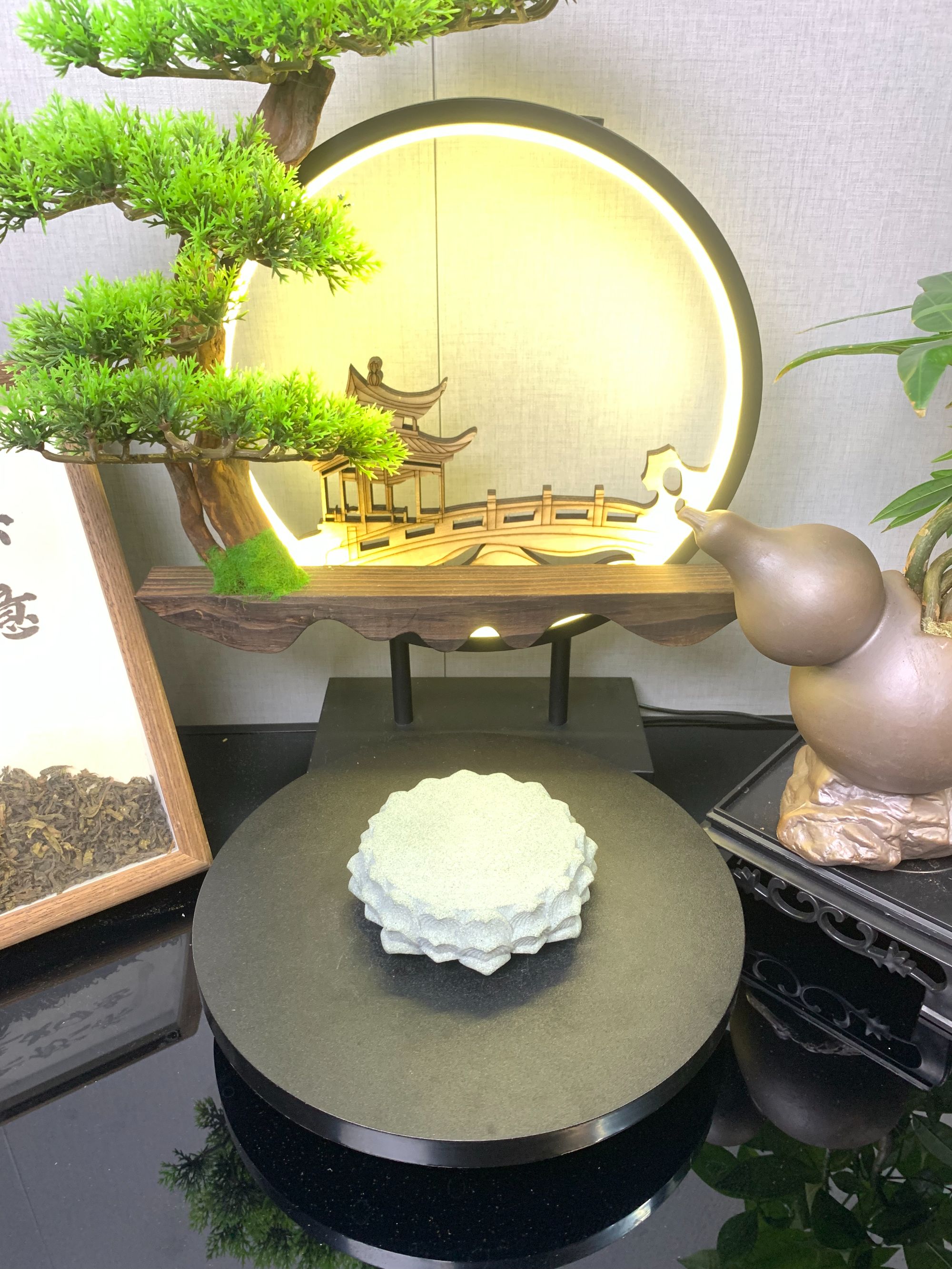 莲花底座鱼缸造景水月观音卧佛人物山水流水微景观假山盆景小摆件