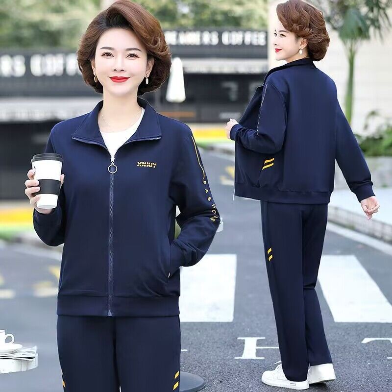 妈妈装春秋季运动服套装女2023新款韩版休闲中老年大码女装三件套