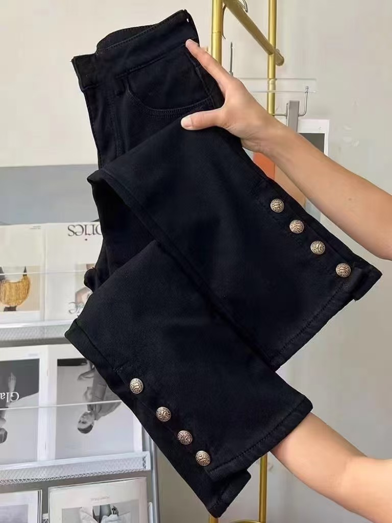 6230—140大码黑色牛仔裤新款弹力高腰显瘦微喇裤