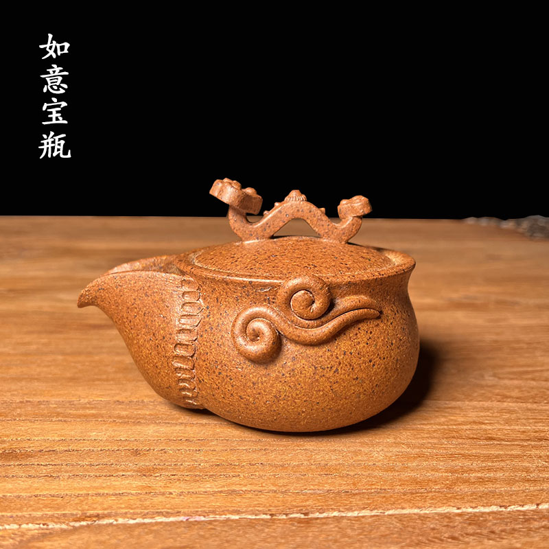 粗瓷吉祥如意宝瓶手抓壶纯手工制作鎏金釉色