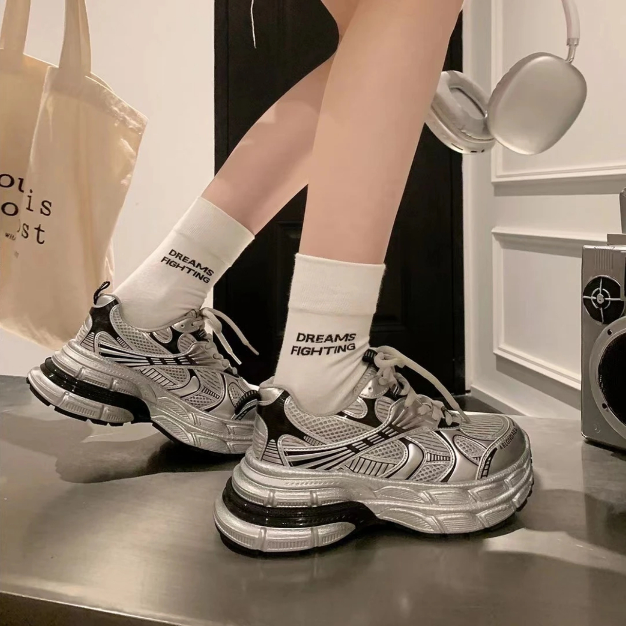 秋季女款爆款巴家同款百搭时尚透气厚底增高老爹鞋女-2432