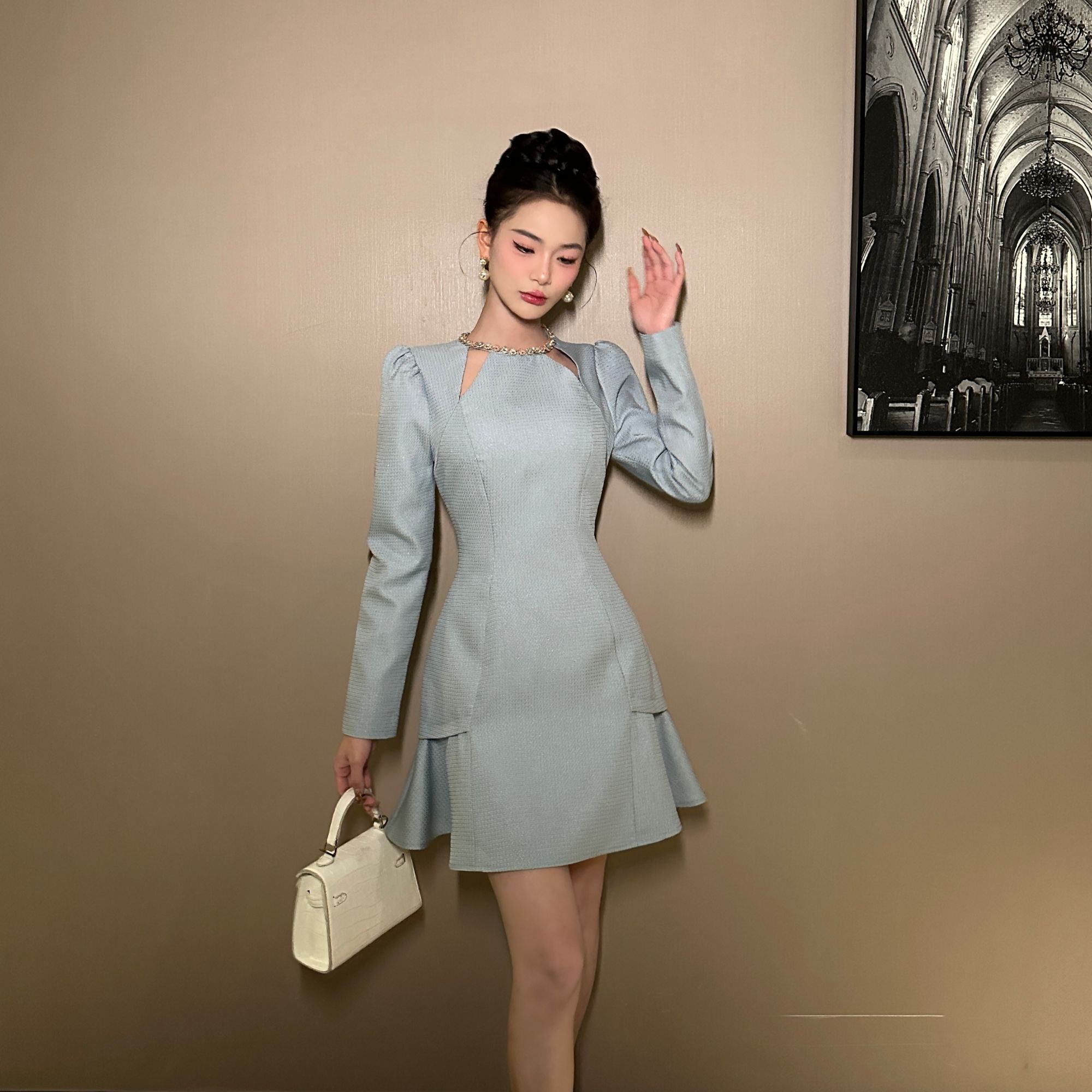 【花花原创】显瘦气质时尚复古收腰修身镂空设计感日常连衣裙21472