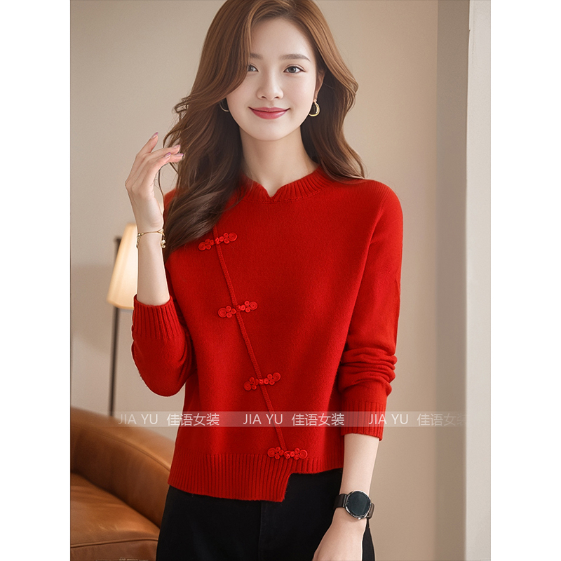 YS#不规则上衣女短款内搭中式复古盘扣毛衣小个打底DY7285