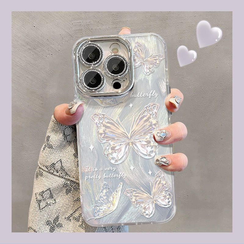 羽毛银羽纱蝴蝶适用苹果15promax手机壳iPhone123女14plus抖音11