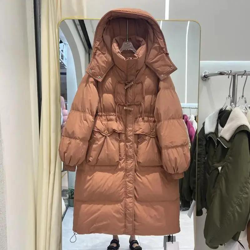 300斤加大码冬季保暖羽绒服女中长款过膝连帽加厚胖mm白鸭绒外套