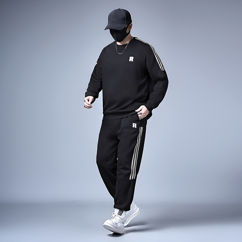 胖子大码男装加肥加大宽松休闲潮流秋季胖男生穿搭时尚男加绒套装