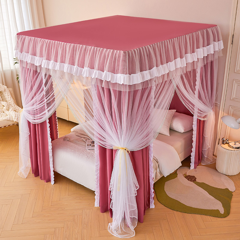 【床帘+支架+帐纱】纯色花边床帘蚊帐防蚊床幔落地遮光卧室防尘双层