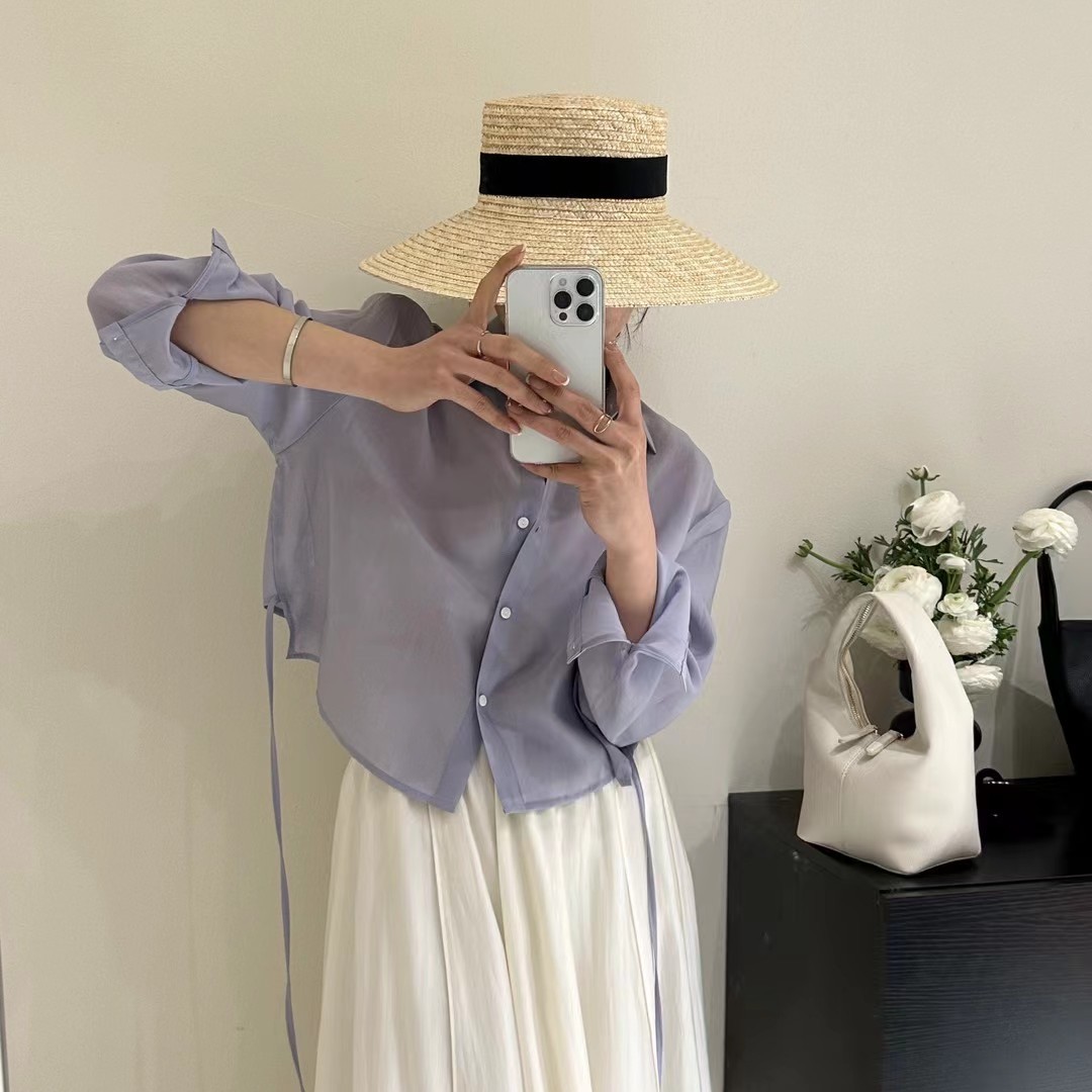 【天*丝莱赛尔短款系带多色防晒小衫秋季百搭薄款气质小众防晒衬衫