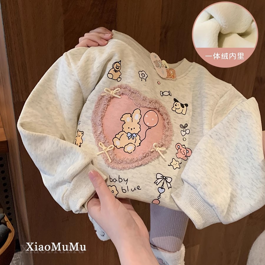女童加绒卫衣25新款秋冬装小童宝宝洋气一体绒加厚保暖上衣套头衫