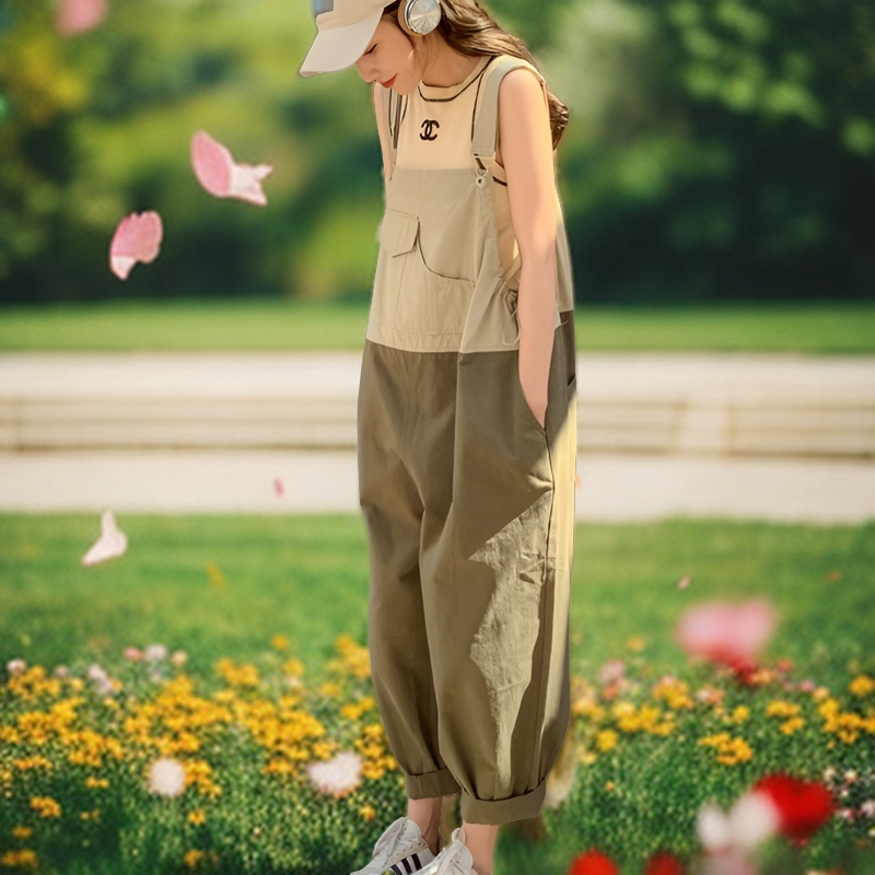 工装拼接背带裤女春夏季2024新款小个子宽松休闲设计感阔腿连体裤