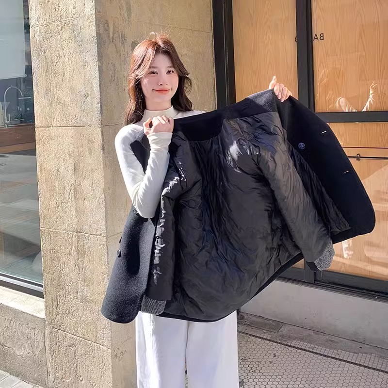 黑色羽绒内胆毛呢西装外套女款冬季新款韩系chic气质显瘦呢子西服