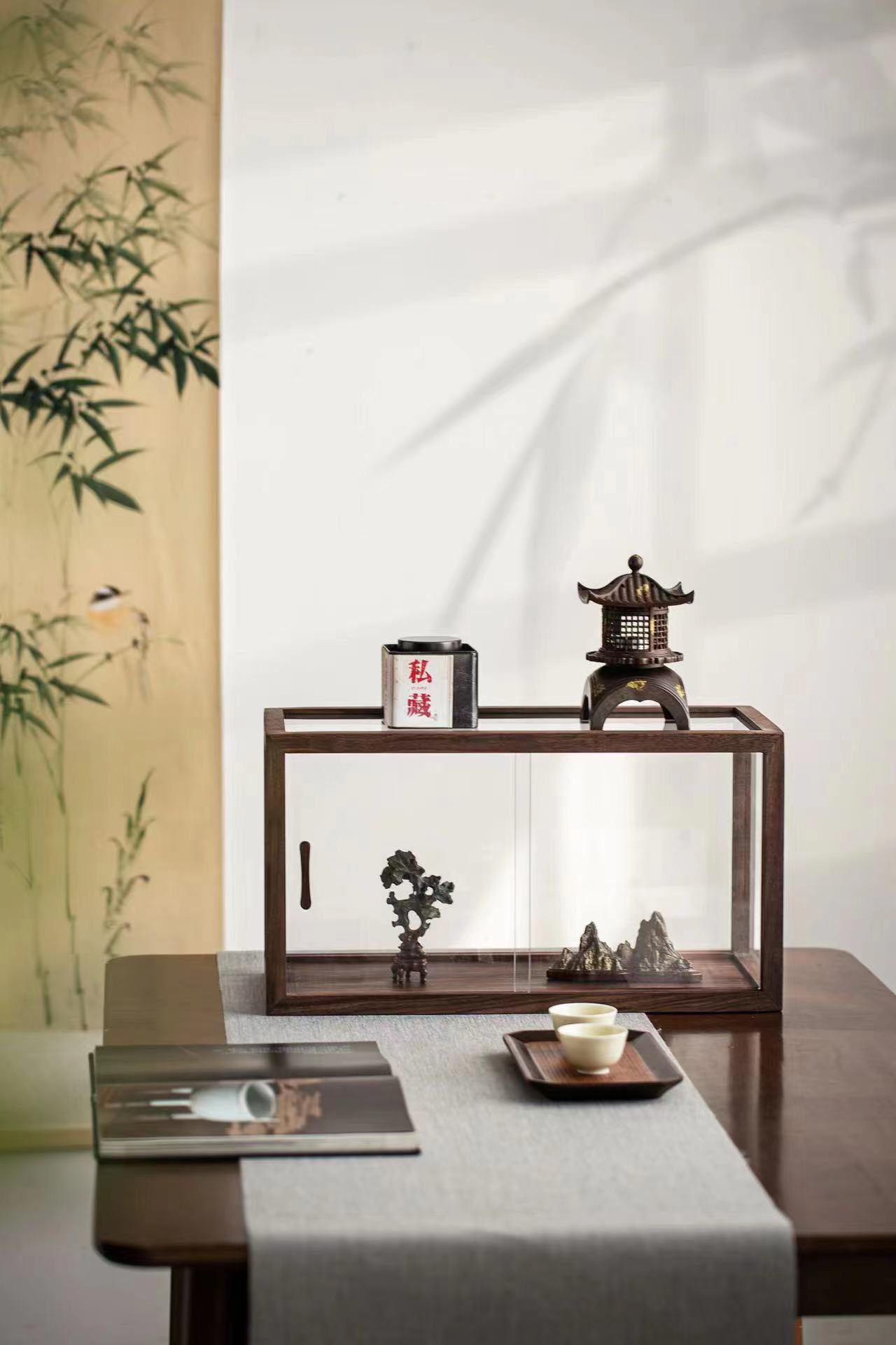 北美黑胡桃客厅玻璃茶柜窄边框展示柜茶具桌面收纳柜茶室储物柜