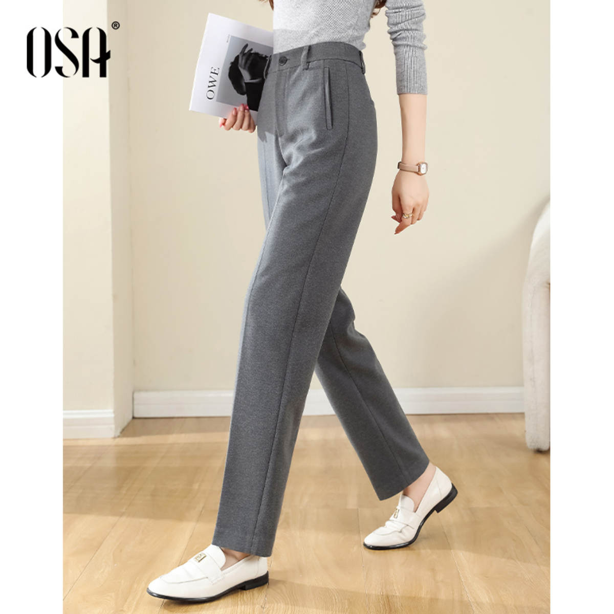 【新东方专属】欧莎高腰直筒毛呢西装裤S123D52002