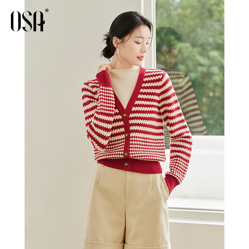 【OSA/欧莎】安可拉红色假两件针织衫女秋冬设计感上衣S124D16008