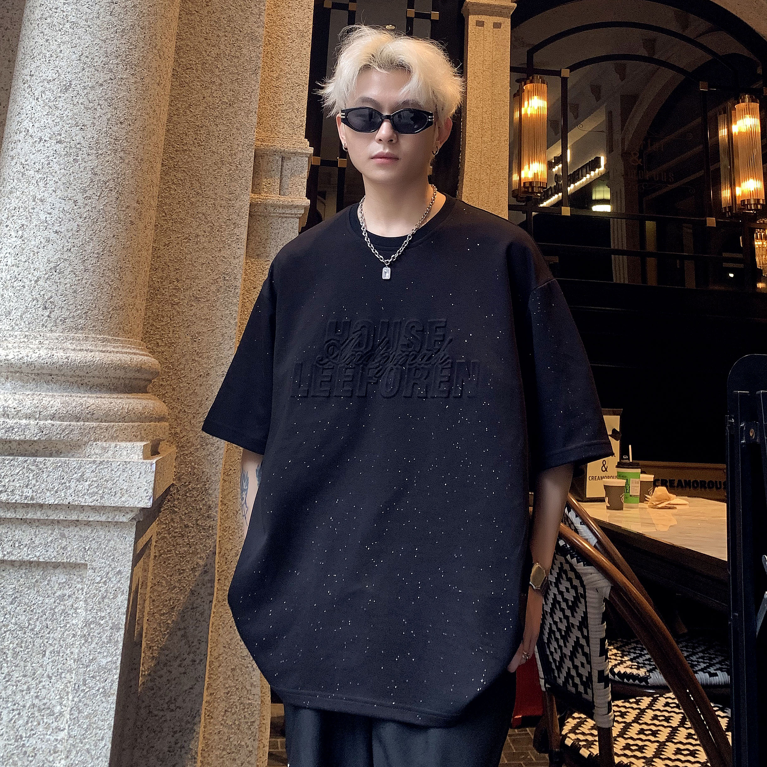 满天星t恤男oversize短袖美式高街设计感小众潮牌潮流欧美七分袖