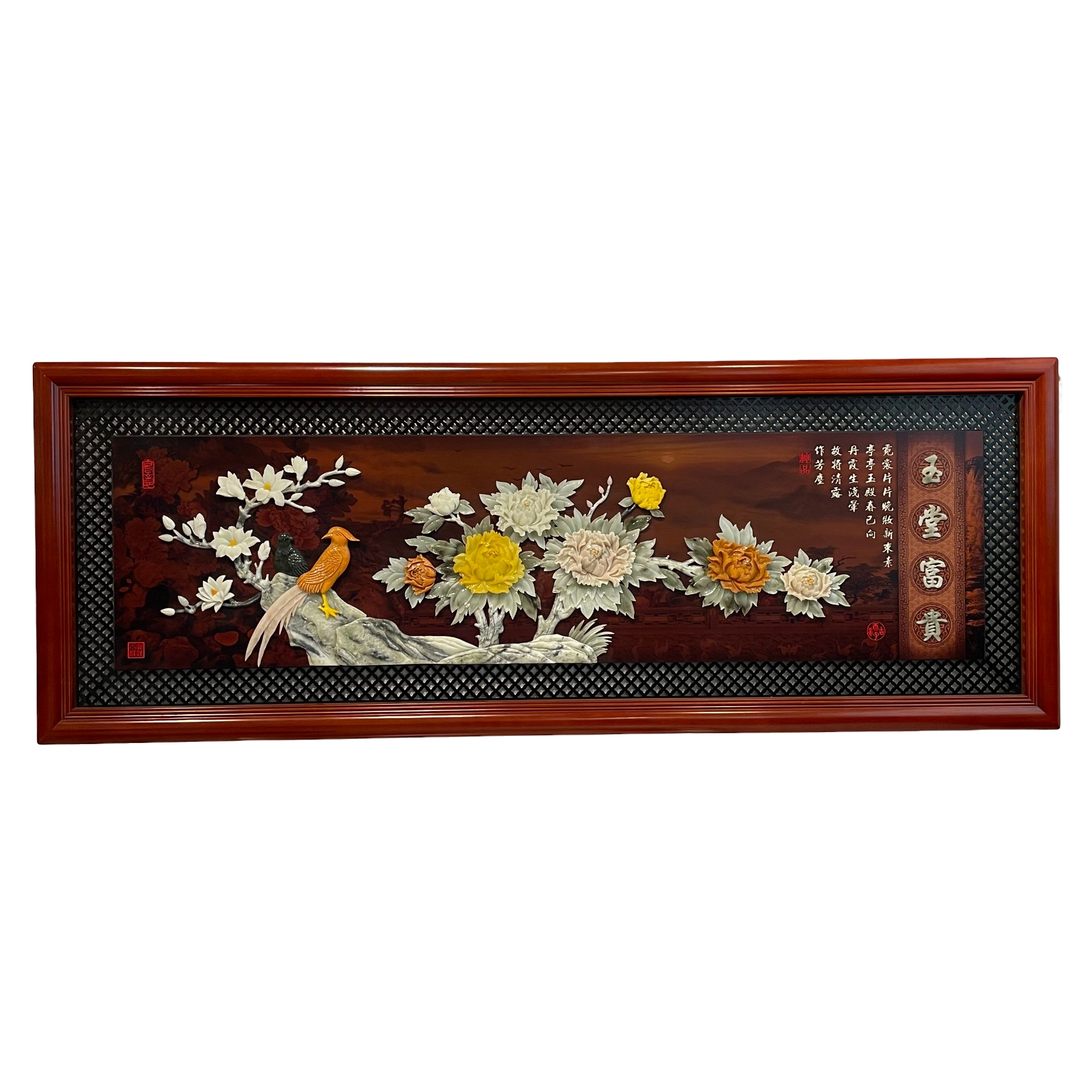 玉堂富贵80X220天然玉石客厅背景墙装挂画玉石画玄关3D立体浮雕画