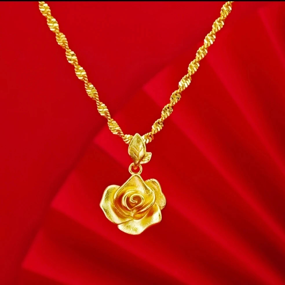 铜合金项链 玫瑰花吊坠加水波纹项链一套优雅大气百搭饰品0074