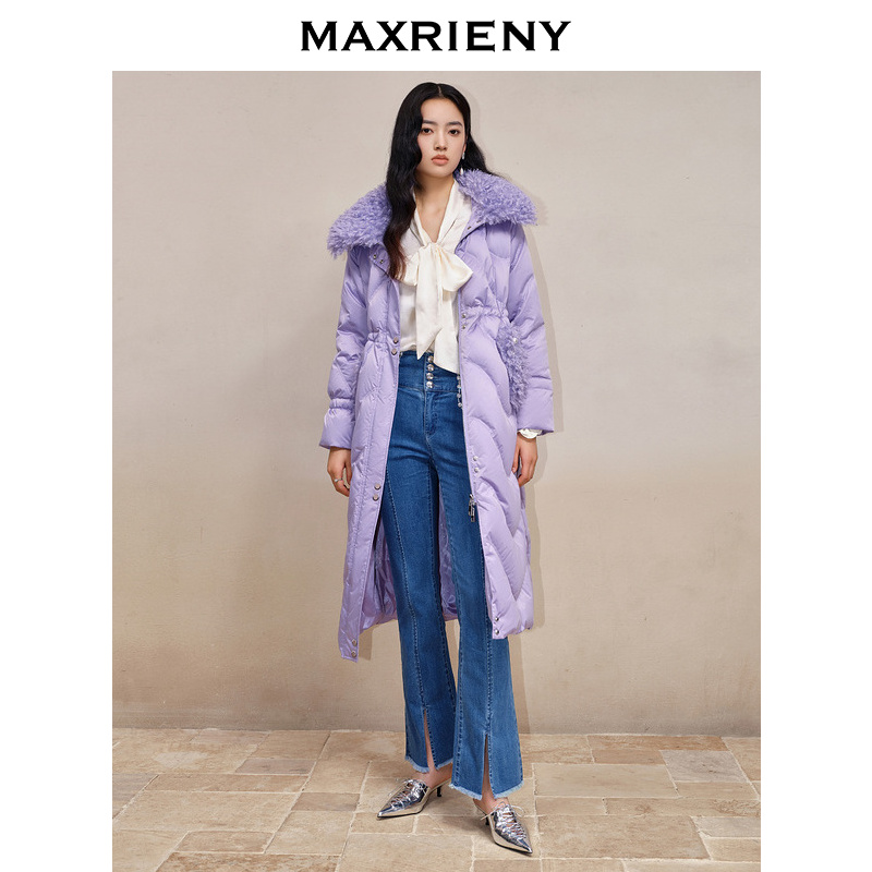 灰紫色内抽绳收腰长款面包热力感轻羽绒