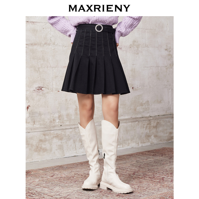 【丫头baby专属】MAXRIENY百褶裙冬季黑色高腰半身短裙