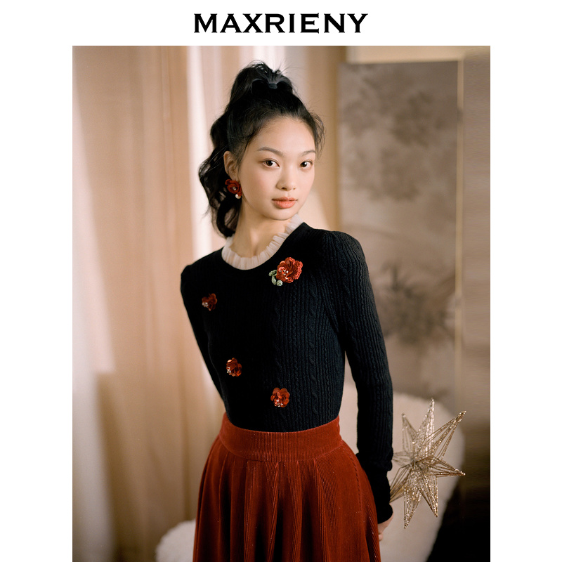 【商场同款】MAXRIENY复古宫廷风玫瑰设计感修身毛衫女2023春款