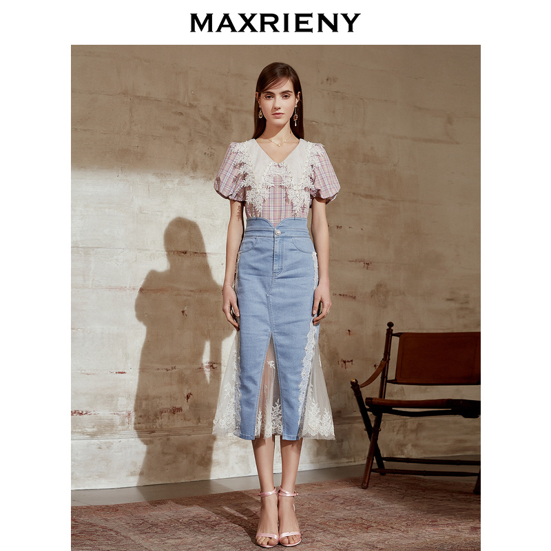 【老板娘夏天】MAXRIENY格纹衫女蕾丝衫短袖上衣洋气牛仔高腰拼接