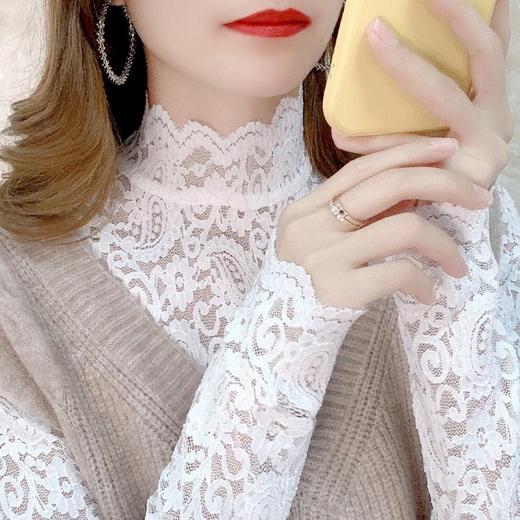 半高领白色蕾丝打底衫女春秋新款洋气网纱内搭上衣女时髦纱衣小衫