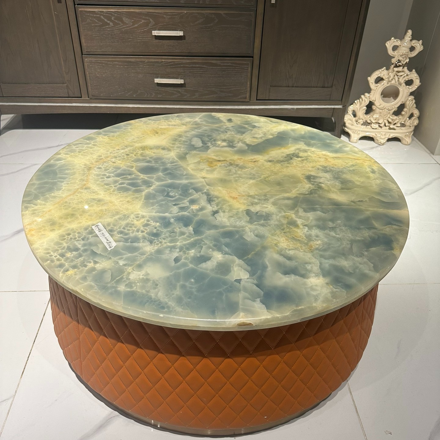 华美居系列 R918N-09R 五金拉丝钢+灰玉大理石圆茶几 900*380