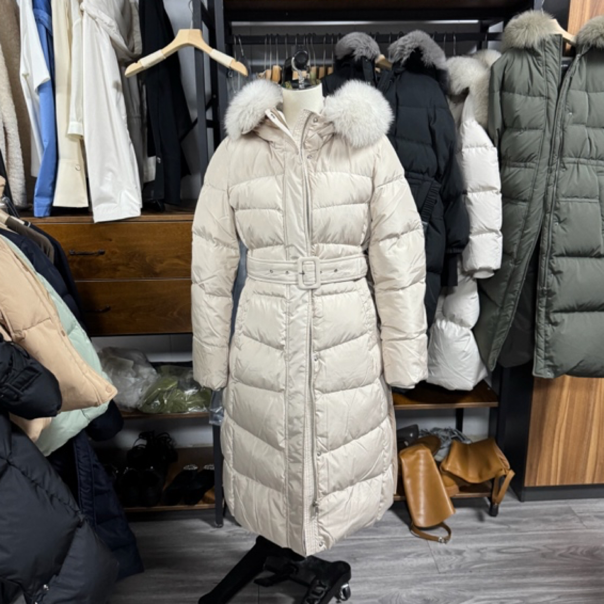 女士狐狸毛领腰带钳子R191款羽绒服