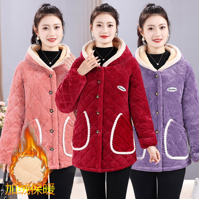 冬装新款加绒连帽罩衣棉服中老年女装冬季舒适加厚棉衣棉袄工作服